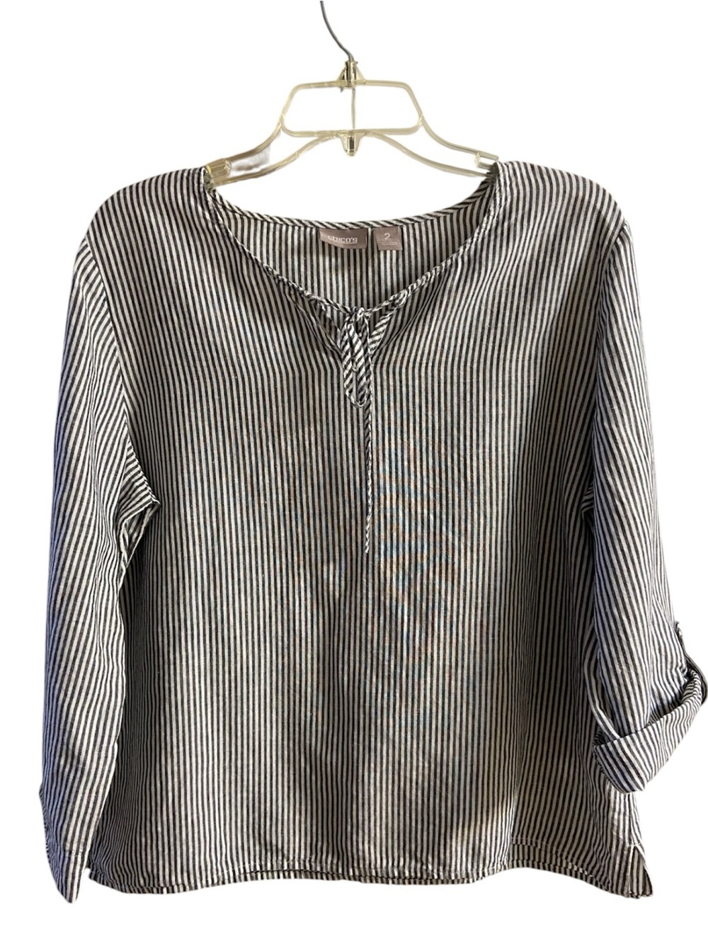 Chicos Linen Blend Vertical Stripe Keyhole Tie Top Roll Sleeve Large